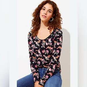 LOFT Laurel Pink Floral Fitted Layering V-Neck T.